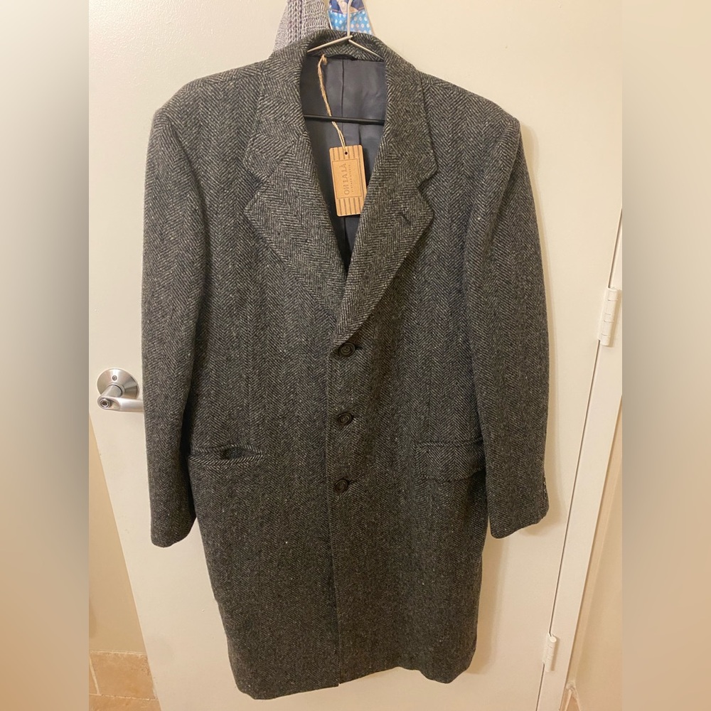 One Vintage Grey Herringbone Wool Overcoat- Winter Perfect for Stylish Gentlemen
